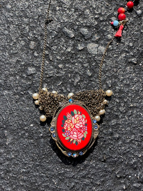 Reversable 17" Red, Orange and Blue Eclectic Necklace