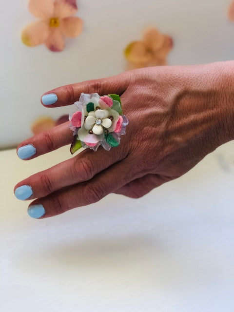 Statement Enamel Repurposed Floral Ring Size 8