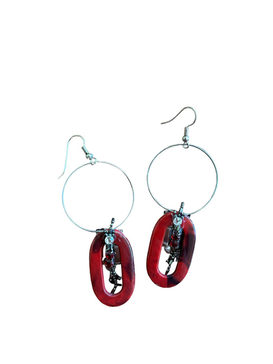 Silver tone Circle and Red Resin Link Statement Earrings