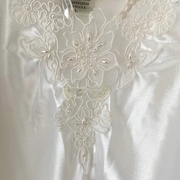 DENTELLE White Bridal Chemise with Sheer Straps and Floral Lace with Pearls Sz L