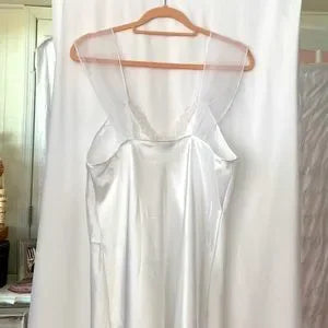 DENTELLE White Bridal Chemise with Sheer Straps and Floral Lace with Pearls Sz L